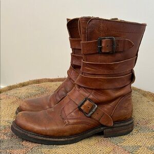 Frye  Veronica Tanker Brown Leather Wrap Buckle Boots